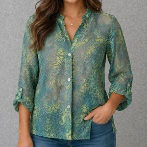 Ruby Rd Sheer Floral Burnout Top Teal Green 3/4 Sleeve Button Up Sz 14